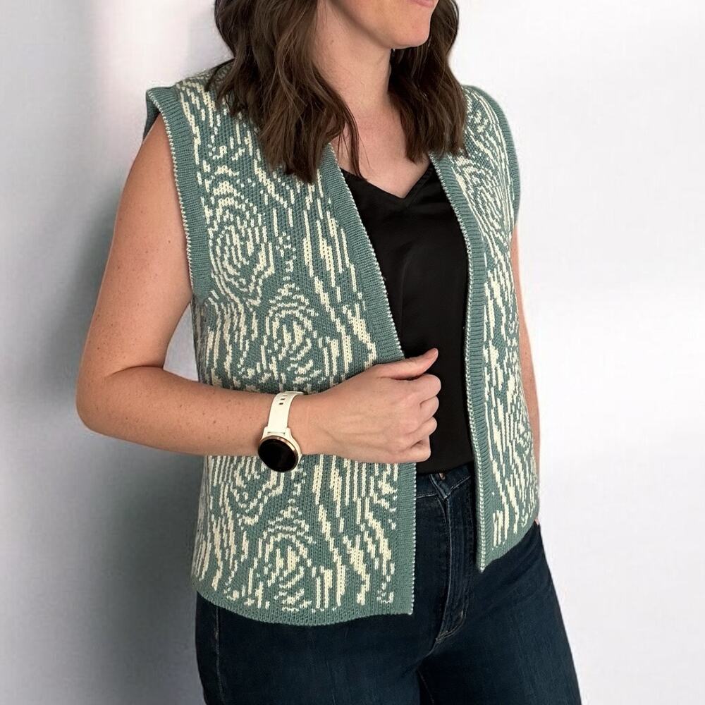 Vintage Hand Knit Sweater Vest Boho Teal Cream Size S/M Festival Hippie Retro - Picture 2 of 7